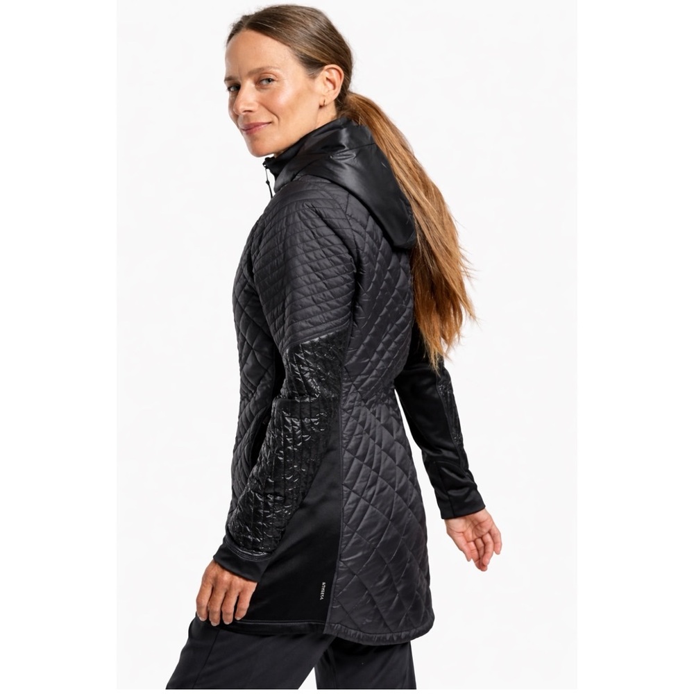 Athleta Bayview Quilted Hooded Jacket Black PS ‎ Hybrid Puffer Spring Fall Coat